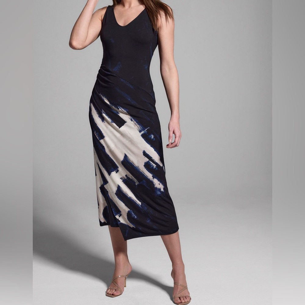 NIC+ZOE Asymmetric Faux Wrap Sleeveless Knit Dress Black Abstract Small NWT